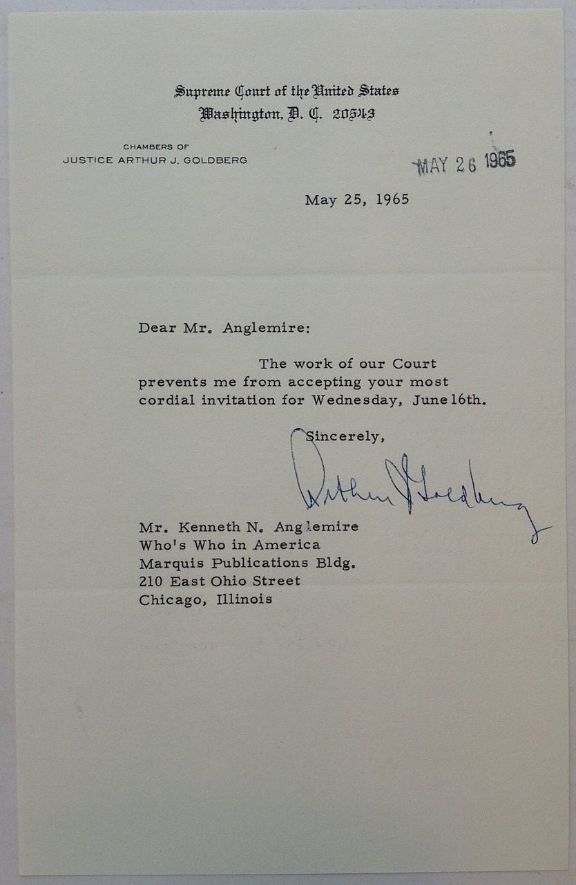 Typed Letter Signed On Supreme Court Letterhead | Arthur GOLDBERG, 1908 ...