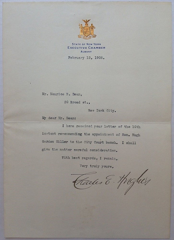 Item #251276 Typed Letter Signed. Charles Evans HUGHES, 1862 - 1948.