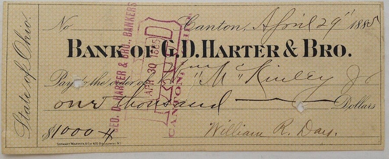 Item #251449 Signed Check. William McKINLEY, 1843 - 1901.
