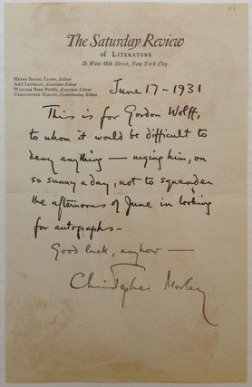 Item #251735 Autographed Letter Signed on "The Saturday Review" letterhead. Christopher MORLEY,...