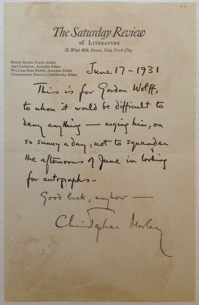Item #251735 Autographed Letter Signed on "The Saturday Review" letterhead. Christopher MORLEY, 1890 - 1957.