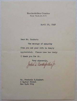 Item #252227 Typed Letter Signed on "Rockefeller Center" stationery. John D. ROCKEFELLER, Jr,...