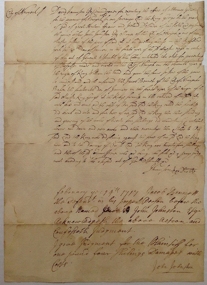 Item #252287 Exceedingly Rare Autographed Colonial Legal Document. David JAMISON, 1660 - 1739.