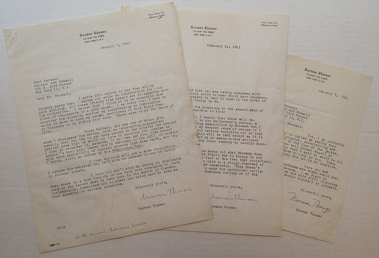 Item #253457 Three Typed Letters Signed on personal stationery. Norman THOMAS, 1884 - 1968.