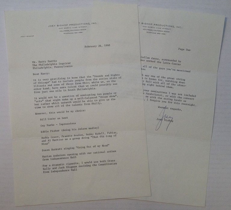 Item #253616 Chatty Typed Letter Signed "Joey" on personal letterhead. Joey BISHOP, 1918 - 2007.