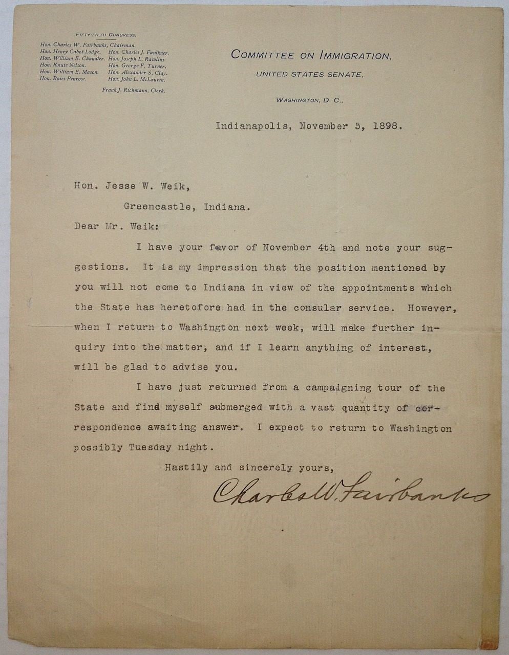 Typed Letter Signed On United States Senate Letterhead | Charles W ...