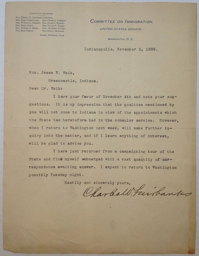 Item #253689 Typed Letter Signed on "United States Senate" letterhead. Charles W. FAIRBANKS, 1852 - 1918.