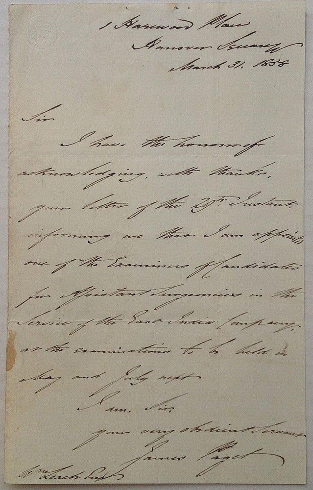 Item #253924 Autographed Letter Signed with medical content. James PAGET, 1814 - 1899.