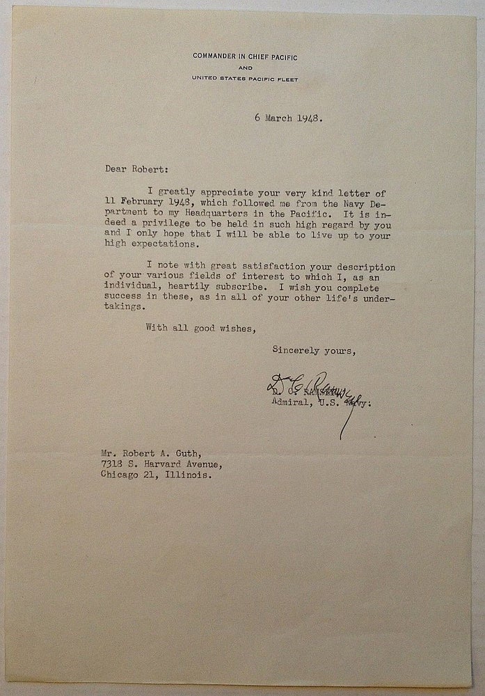 Item #254206 Typed Letter Signed on official military letterhead. Dewitt Clinton RAMSEY, 1898 - 1961.