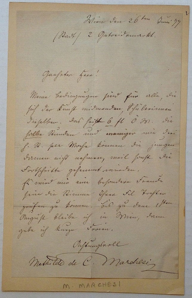 Item #254311 Autographed Letter Signed in German. Mathilde de C. MARCHESI, 1821 - 1913.