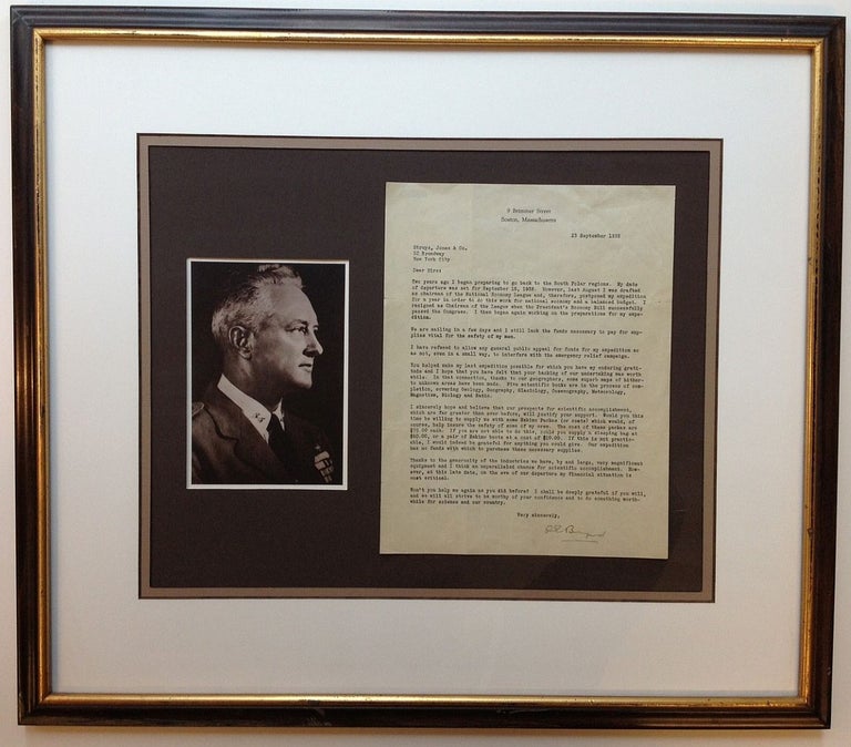 Item #254990 Framed Typed Letter Signed about an expedition to the South Polar region. Richard Evelyn BYRD, 1888 - 1957.