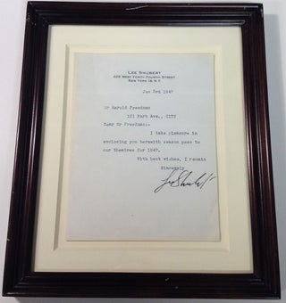 Item #255348 Framed Typed Note Signed on personal stationery. Lee SHUBERT, 1871 - 1953