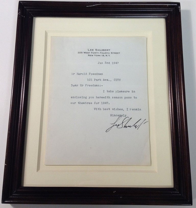 Item #255348 Framed Typed Note Signed on personal stationery. Lee SHUBERT, 1871 - 1953.