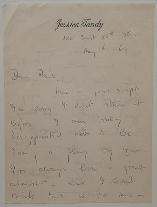 Item #255535 Autographed Letter Signed "Jess" on personal stationery. Jessica TANDY, 1909 - 1994