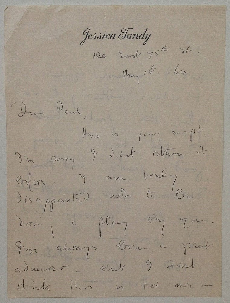 Item #255535 Autographed Letter Signed "Jess" on personal stationery. Jessica TANDY, 1909 - 1994.