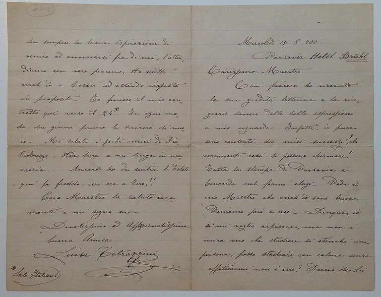 Item #255546 Autographed Letter Signed in Italian. Luisa TETRAZZINI, 1871 - 1940.