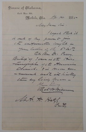 Item #255552 Autographed Letter Signed on "Diocese of Alabama" letterhead. Richard Hooker WILMER,...