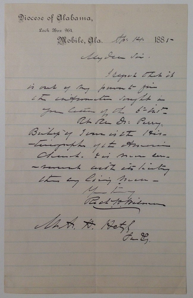 Item #255552 Autographed Letter Signed on "Diocese of Alabama" letterhead. Richard Hooker WILMER, 1816 - 1900.