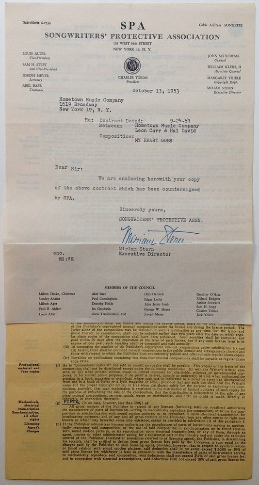 Item #255761 Signed Songwriters' Contract. Leon CARR, Hal DAVID.