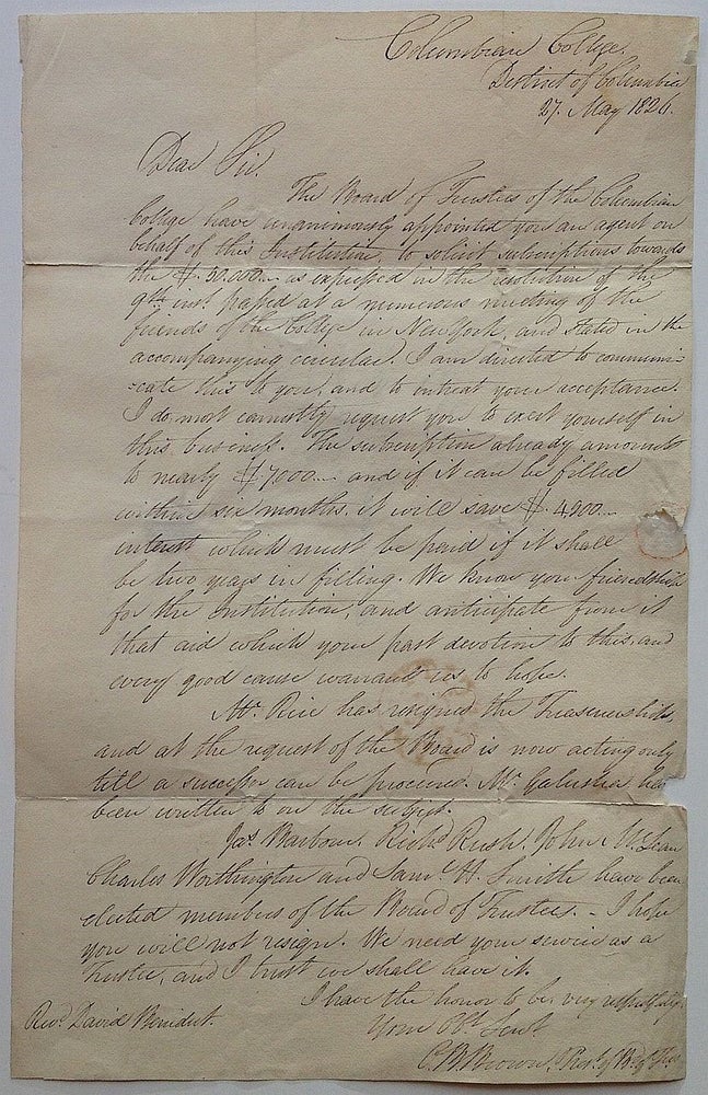 Item #255778 Autographed Letter Signed to David Benedict from a trustee at Columbian College. David BENEDICT, 1779 - 1874.
