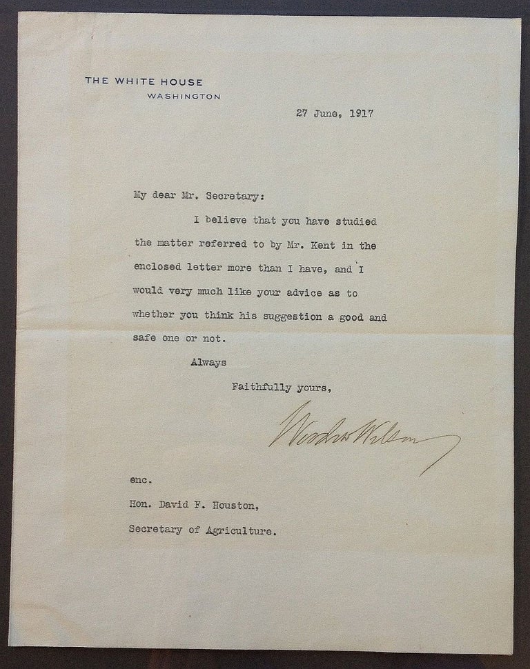 Item #256246 Framed Typed Letter Signed as President to the Secretary of Agriculture. Woodrow WILSON, 1856 - 1924.