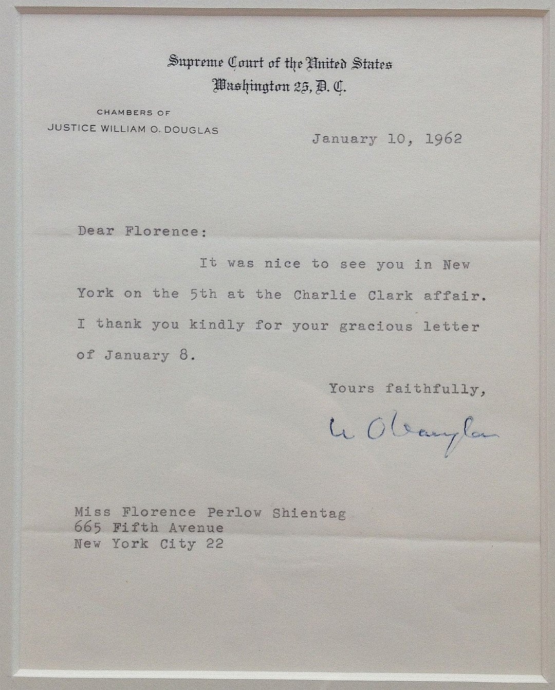 Framed Typed Letter Signed on Supreme Court letterhead