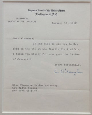 Item #256711 Framed Typed Letter Signed on Supreme Court letterhead. William O. DOUGLAS