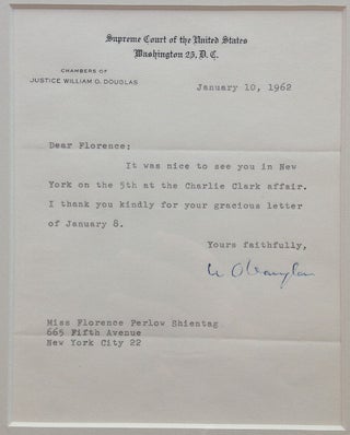 Item #256711 Framed Typed Letter Signed on Supreme Court letterhead. William O. DOUGLAS, 1898 - 1980