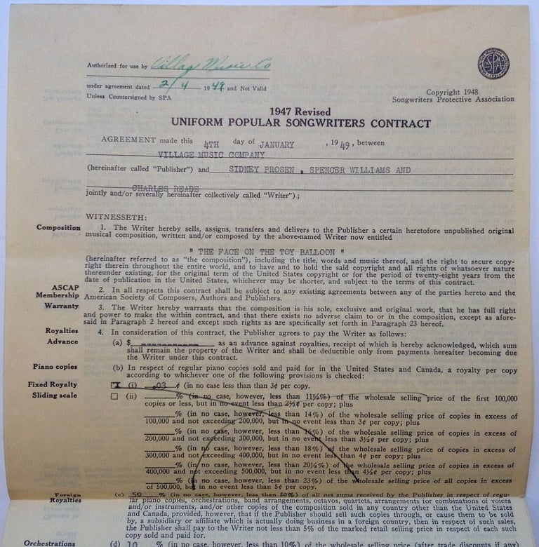 Item #260235 Signed Songwriters Contract. Spencer - WILLIAMS, 1889 - 1965.