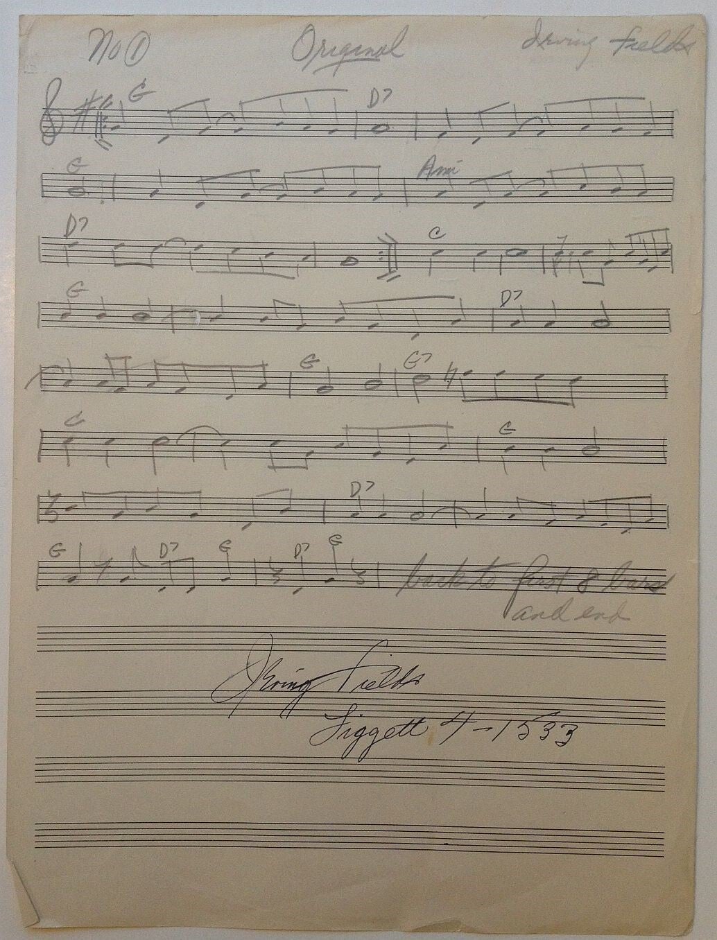 George Field Signed Autographed Musical Manuscript Signed | Irving FIELDS