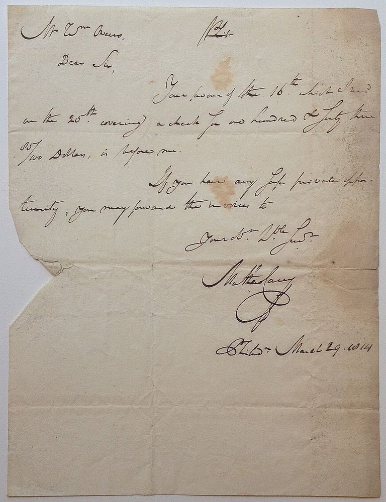 Item #260354 Autographed Letter Signed. Mathew CAREY.