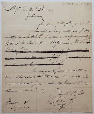 Item #260356 Draft Autographed Letter Signed "M. Carey & Son". Mathew CAREY