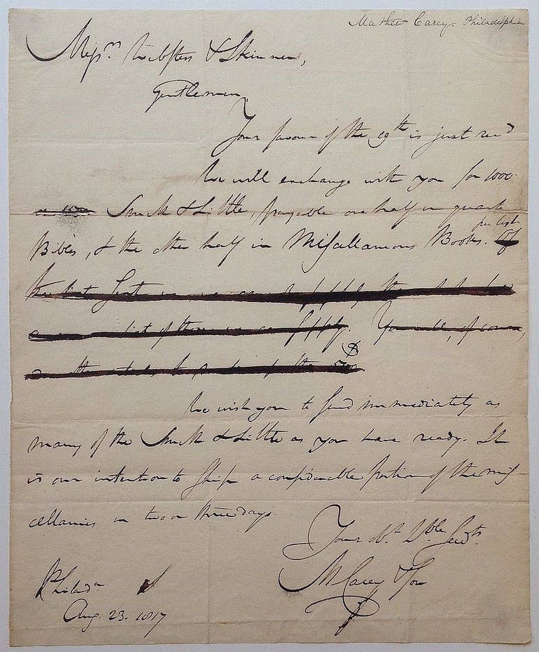 Item #260356 Draft Autographed Letter Signed "M. Carey & Son" Mathew CAREY, 1760 - 1839.