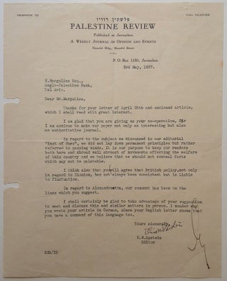 Item #263422 Exceedingly Rare and Important Typed Letter Signed as "Eliahu Epstein" Eliahu and...