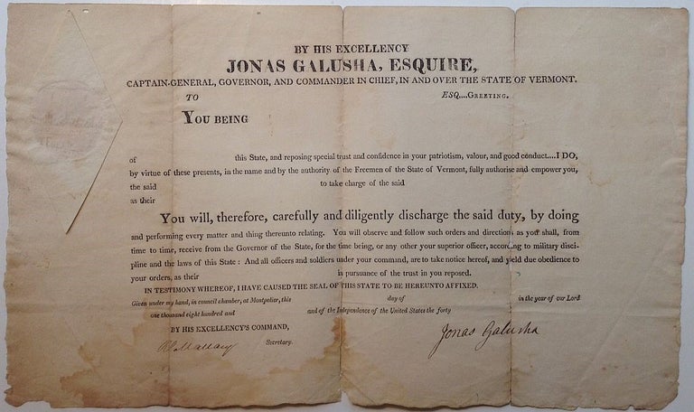 Item #263626 Partly printed blank document signed. Jonas GALUSHA, 1753 -1834.