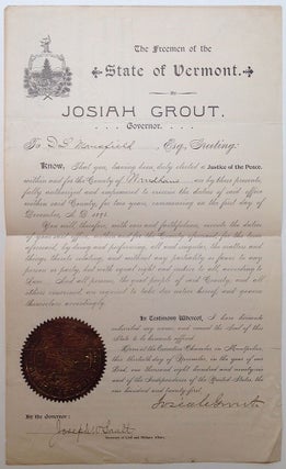 Item #263628 Partly printed Document Signed as Governor. Josiah GROUT, 1841 - 1925
