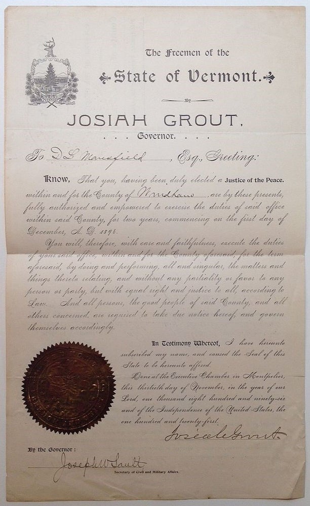 Item #263628 Partly printed Document Signed as Governor. Josiah GROUT, 1841 - 1925.