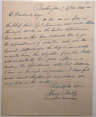 Item #264320 Autographed Letter Signed. PATRONAGE POLITICS IN VERMONT IN 1840