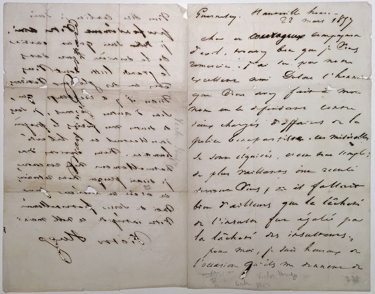 Item #265300 Autographed Letter Signed in French while in exile. Victor HUGO, 1802 - 1888.