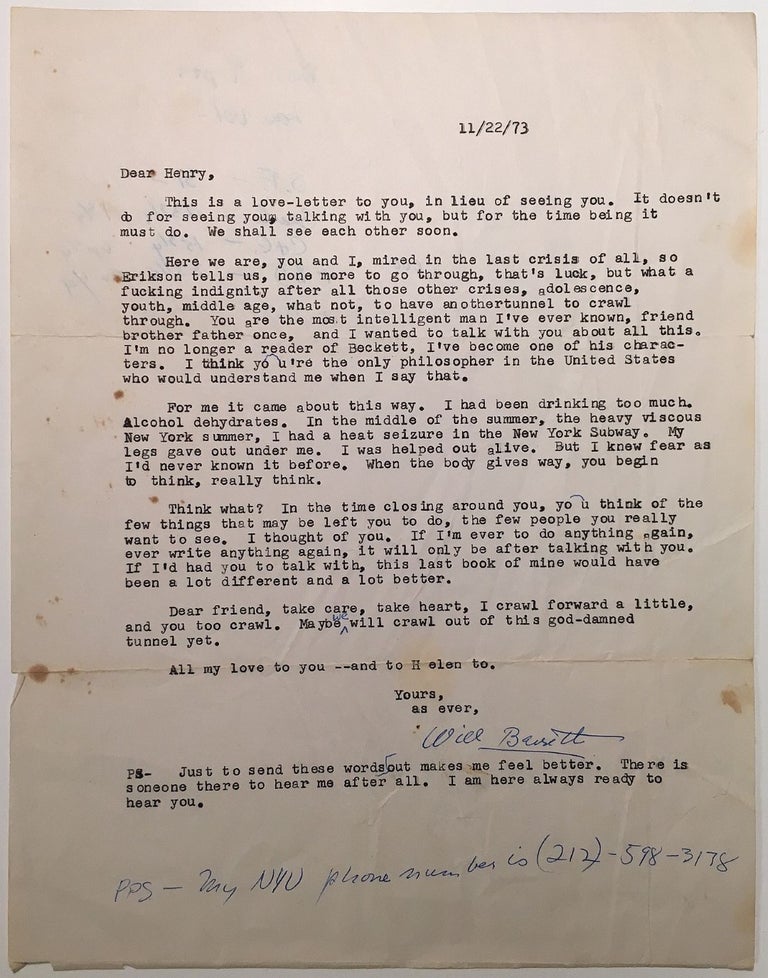 Item #265319 Typed Letter Signed to a fellow philosopher. William C. BARRETT, 1913 - 1992.