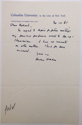 Item #265633 Autographed Letter Signed on "Columbia University" stationery. Moses HADAS, 1900 - 1966