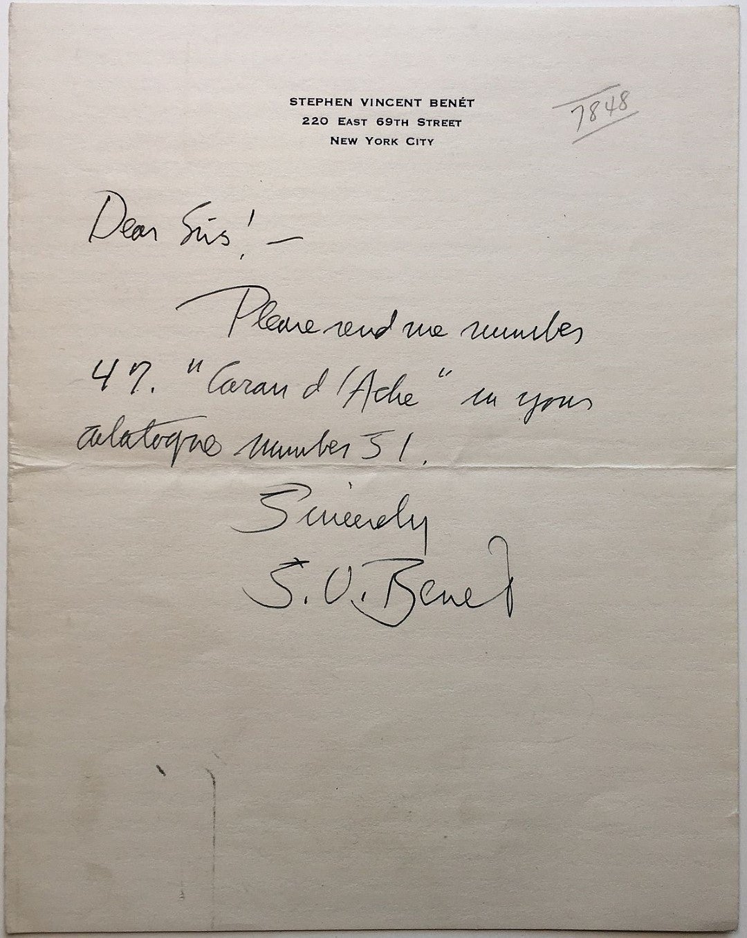 Autographed Letter Signed on personal letterhead Stephen Vincent BENET, 1898 image