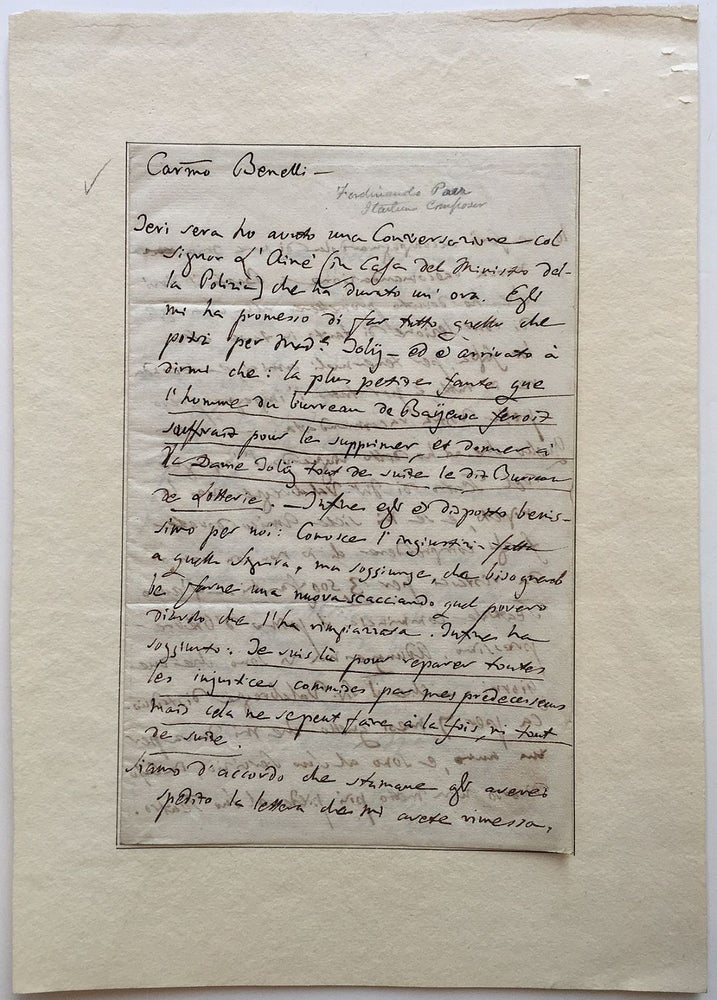 Item #265993 Autographed Letter Signed to theater director Giambattista Benelli. Ferdinando PAER, 1771 - 1839.