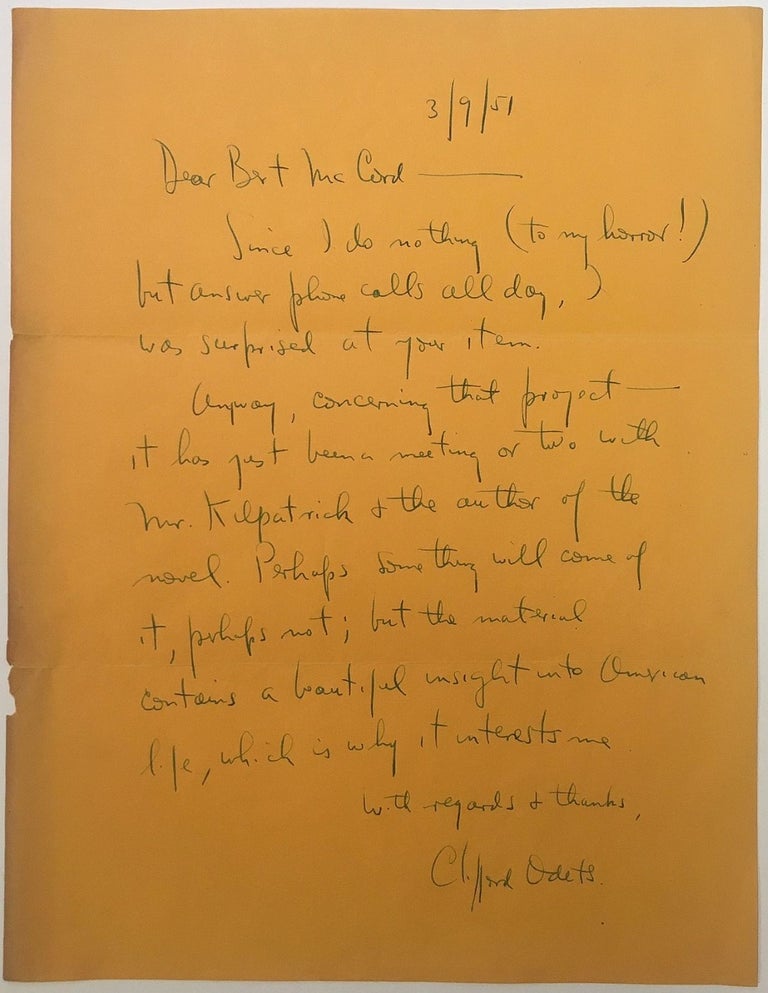 Item #266280 Fine-content Autographed Letter Signed. Clifford ODETS, 1906 - 1958.
