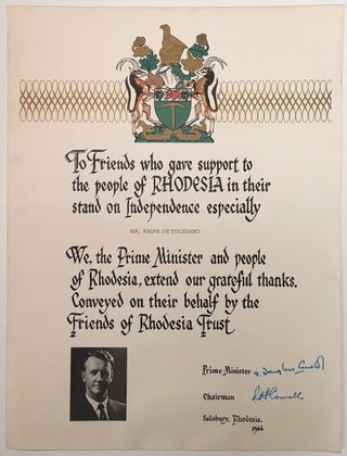 Item #266395 Rare Ornately Printed Poster signed by the Prime Minister. RHODESIA AND APARTHEID