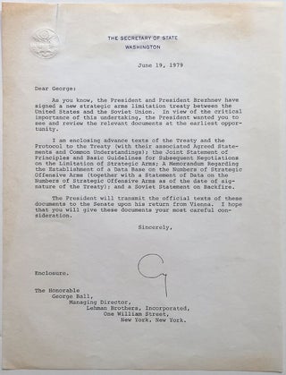 Item #266934 Important Typed Letter Signed on "Secretary of State" letterhead. Cyrus R. VANCE,...