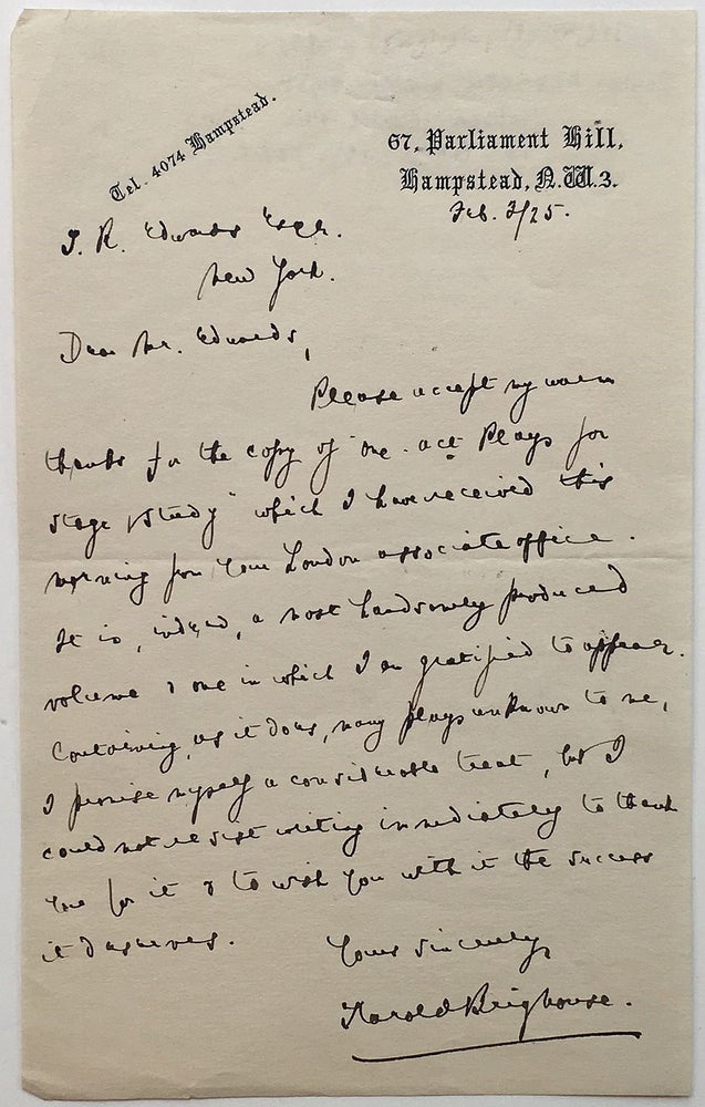 Item #267023 Autographed Letter Signed. Henry BRIGHOUSE, 1882 - 1958.