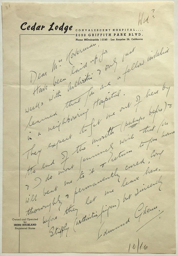 Item #267275 Autographed Letter Signed about his health. Edmund GWENN, 1875 - 1959.