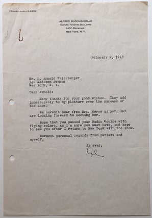 Item #267764 Interesting Typed Letter Signed "Al". Alfred S. BLOOMINGDALE