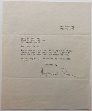 Item #270806 Typed Letter Signed to a gossip columnist. Heywood BROUN, 1893 - 1939